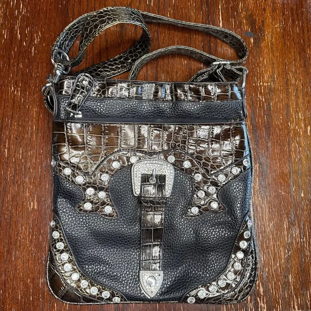 Western Style Rhinestone Faux Reptile Skin Black Silver Crossbody Bag Purse - Picture 1 of 9